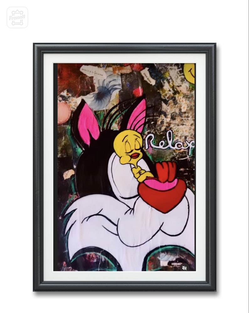 May include: A framed print of a cartoon cat and bird with a red heart and the word "Relax" in white letters. The background is a collage of colorful images and textures.