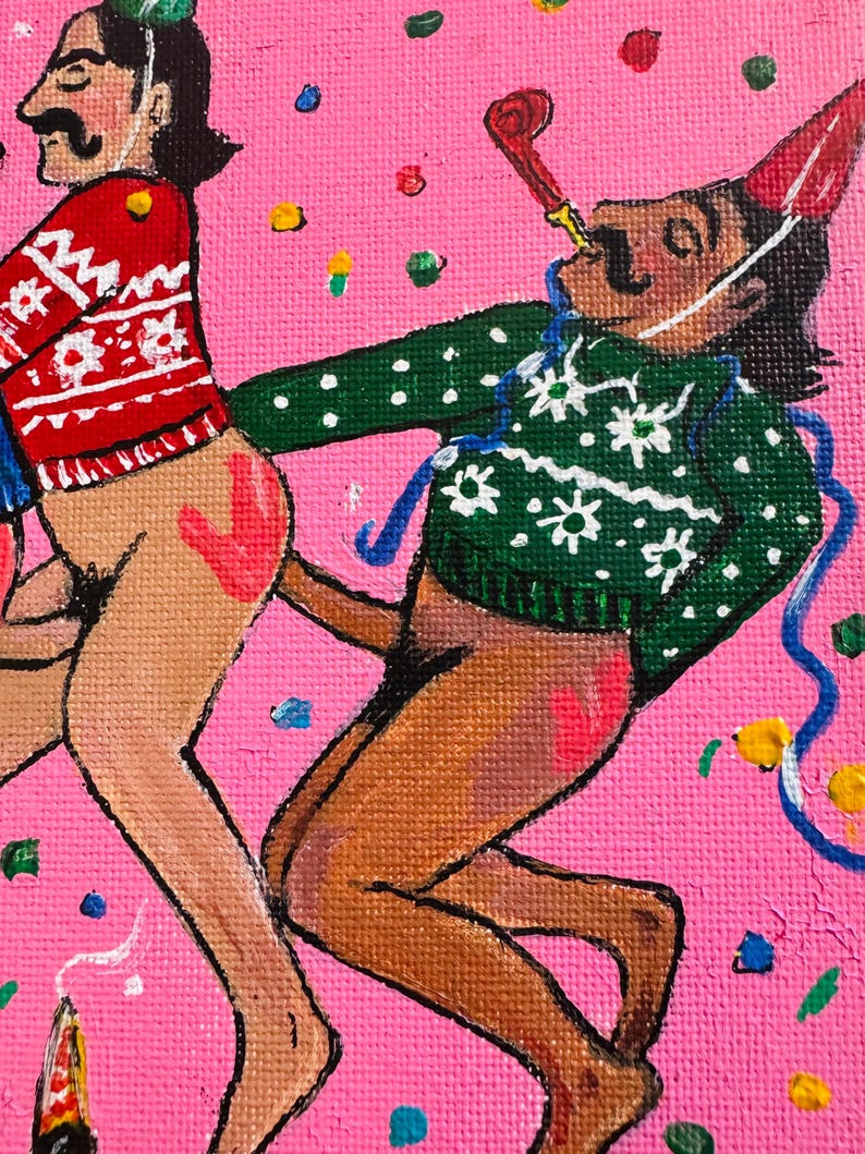 May include: Two people in party hats and sweaters are celebrating with confetti and streamers. One person is holding a party blower. The painting is on a pink background.