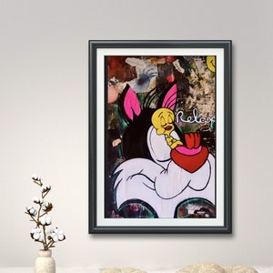 May include: A framed painting of a cartoon cat and bird with the word "Relax" written in pink letters. The background is a collage of colorful textures and patterns.