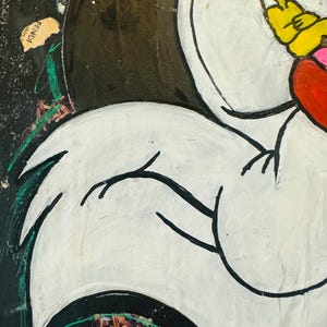 May include: A black and white cartoon illustration of a rooster with a yellow head and red beak. The rooster is painted on a black background with green and white accents.