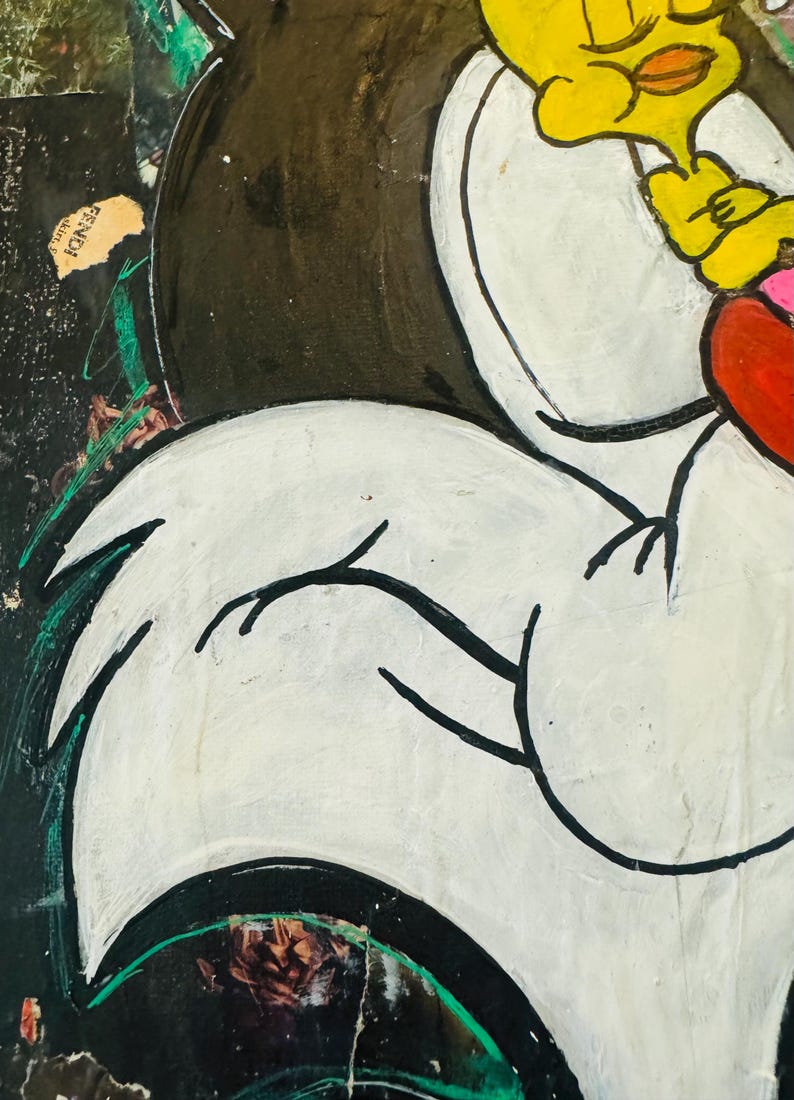 May include: A black and white cartoon illustration of a rooster with a yellow head and red beak. The rooster is painted on a black background with green and white accents.