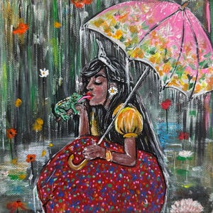 Princess and the Frog Original Painting – Whimsical Girl Art with Umbrella by LimaxArt, Colorful Wall Decor