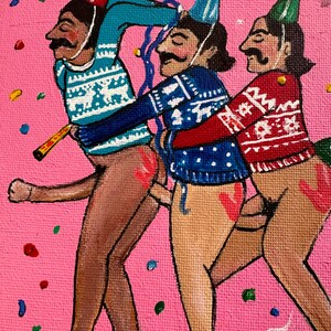 May include: Three figures in a painting wearing festive sweaters and party hats. The figures are painted in a cartoon style with exaggerated features and are standing in a line. The background is a bright pink with confetti.