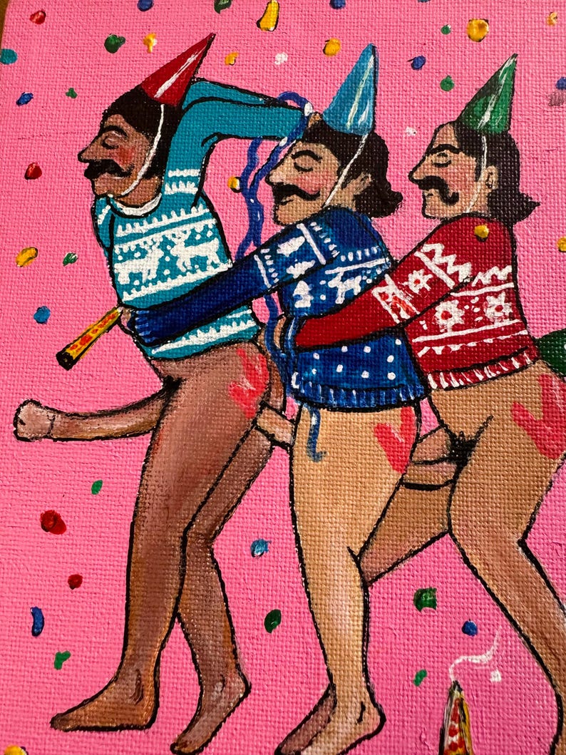 May include: Three figures in a painting wearing festive sweaters and party hats. The figures are painted in a cartoon style with exaggerated features and are standing in a line. The background is a bright pink with confetti.