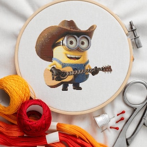 Cross Stitch PDF Pattern Minion guitarist and cowboy