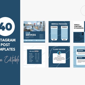 May include: A set of 40 customisable Instagram post templates for healthcare businesses. The templates feature a blue and white colour scheme with abstract lines and shapes. The text includes "Our Services", "Medical Packages", "Signs & Symptoms of Diagnosis", "Client Review", "Question", and "Answer".