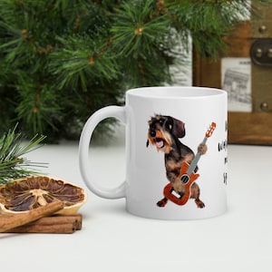 Wirehair Dachshund Playing Guitar White glossy mug