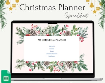 May include: A laptop computer screen displaying a Christmas planner spreadsheet with a festive winter background. The spreadsheet includes sections for "Home to Use", "Calendar", "Budget", "Task and Gift Planner", and "Meal Planner". The text "Google Sheets | Instant Download | Easy to use" is displayed below the laptop.