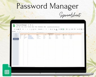 Pode incluir: Um laptop exibe uma planilha do Google Sheets chamada "Password Manager". A tela mostra uma tabela com colunas para site, nome de usuário e senha. O texto na parte inferior diz "Google Sheets | Instant Download | Easy to use."
