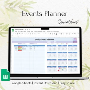 Op de afbeelding: Een screenshot van een Google Sheets-spreadsheet met de titel "Events Planner". De spreadsheet heeft een kalenderweergave voor elke maand van het jaar en een dagelijkse evenementenplanner met kolommen voor datum, evenementnaam, type evenement, starttijd en eindtijd.