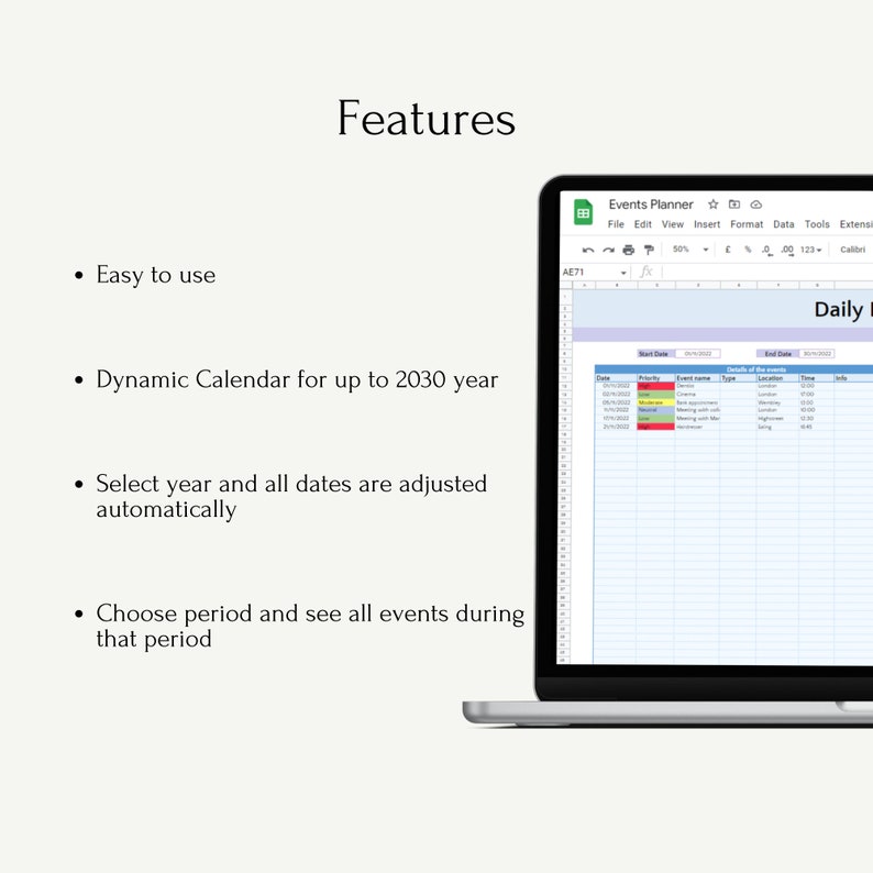 May include: A screenshot of a computer screen showing a spreadsheet program with a calendar feature. The program is called "Events Planner" and has a daily view. The calendar is dynamic and can be used to plan events for up to the year 2030. The user can select a year and all dates will be adjusted automatically. The user can also choose a period and see all events during that period.