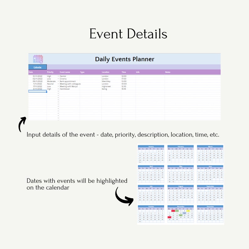 May include: A daily events planner with a calendar and a table to input event details. The calendar shows dates with events highlighted in different colors. The table has columns for date, priority, event name, type, location, time, info, and notes.
