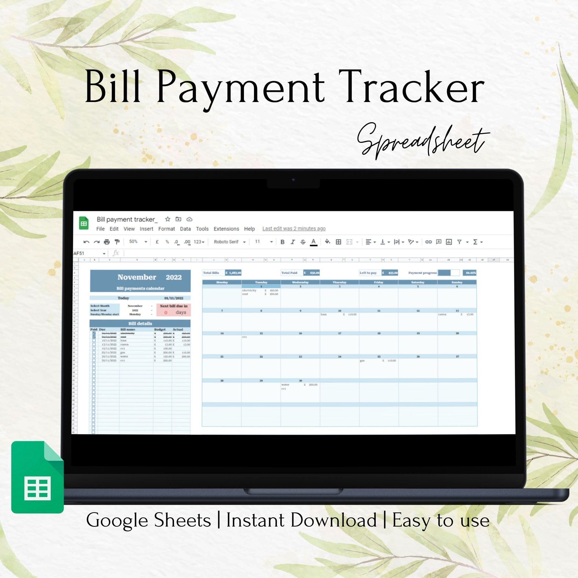 Bill Payment Tracker Spreadsheet | Google Sheets Bill Calendar | Bill Monthly Planner | Finance Template | Digital Monthly Bill Tracker