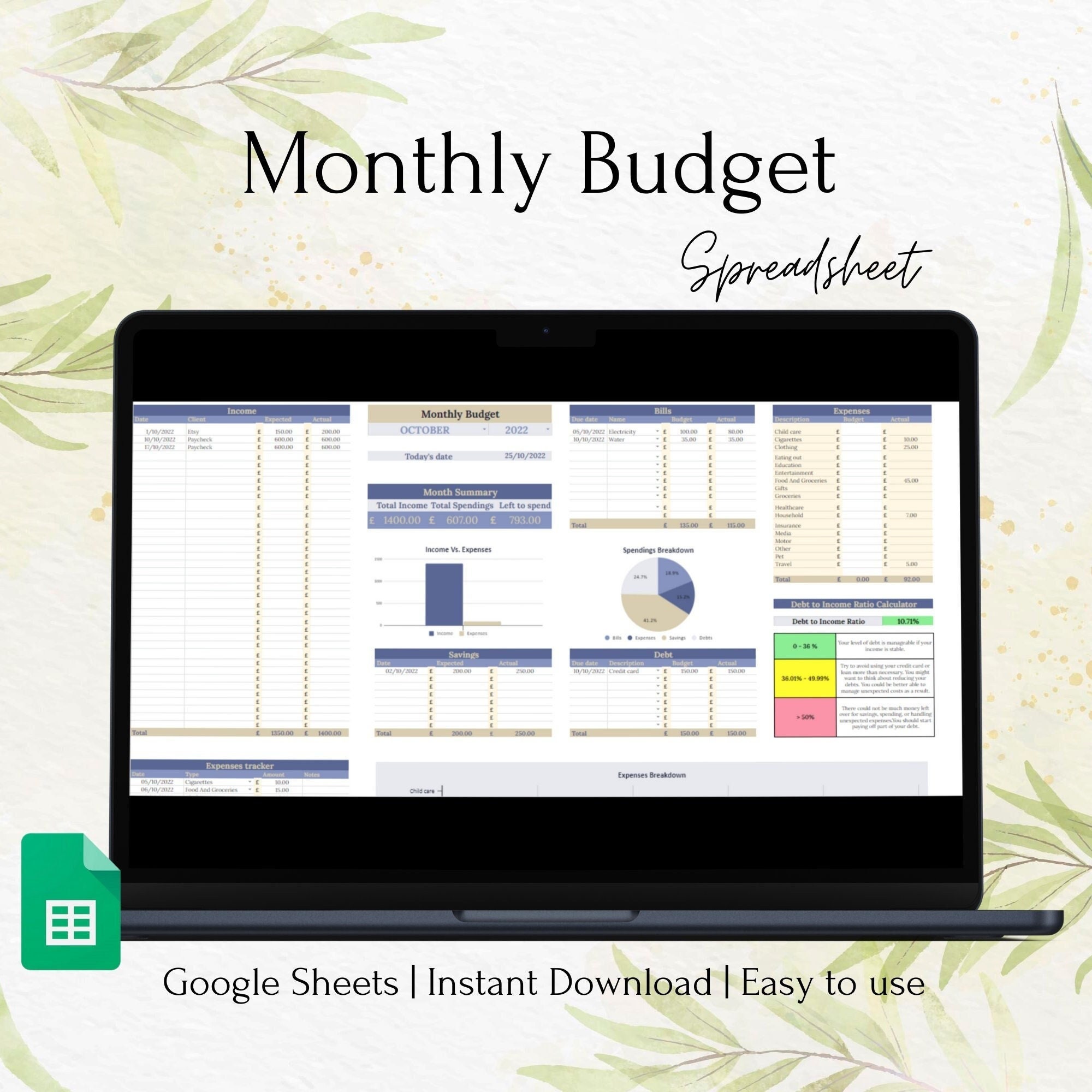 Monthly Budget Spreadsheet | Google Sheets Budget Template | Finance ...