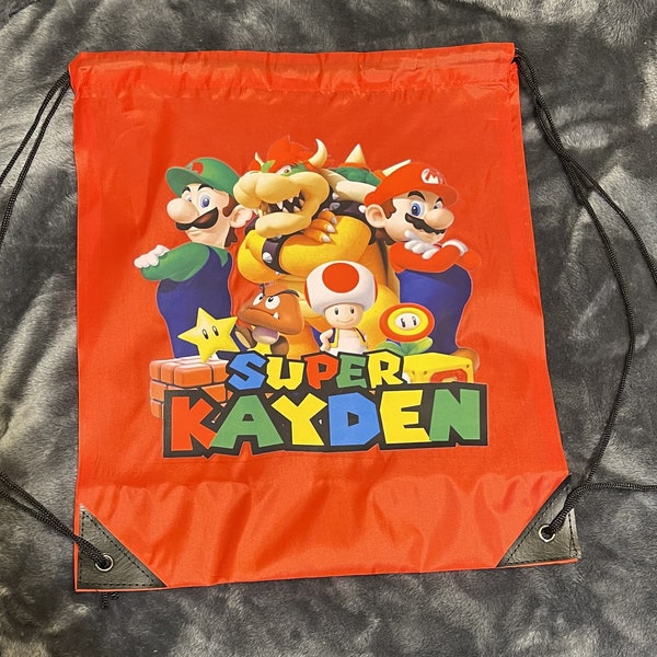 CUSTOMIZABLE bag, Draw string bag, SUPER MARIO, Personalized Kids and Adult Mario Game Series Printed Camping Trips and Sports Bag