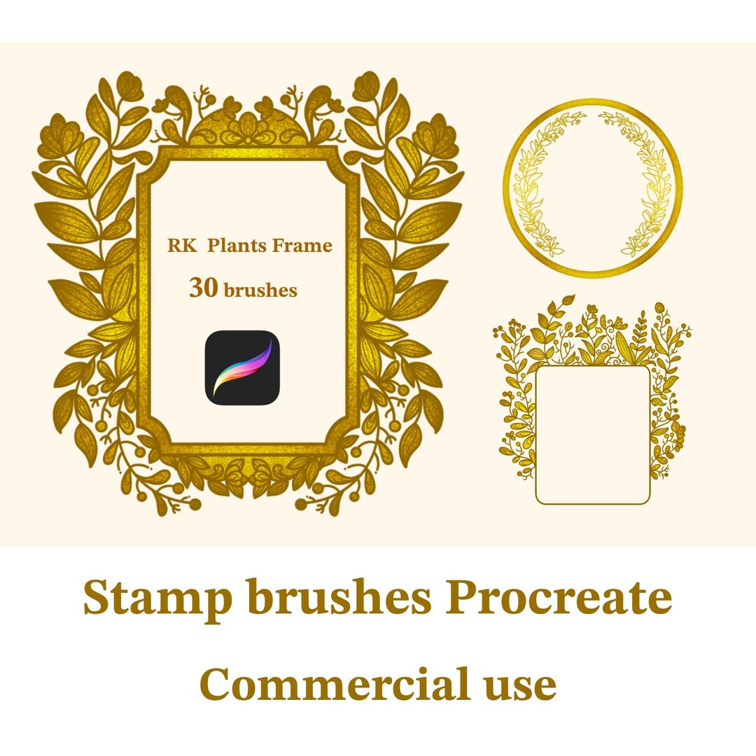 Procreate Stamp Brushes, Procreate Plants Frame, Vintage Line Art Brush Pack, Brushes for