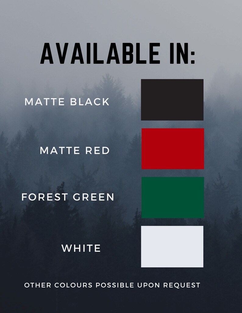 K&ouml;nnte beinhalten: Eine Grafik, die die verf&uuml;gbaren Farben f&uuml;r ein Produkt zeigt. Die Farben sind mattschwarz, mattrost, waldgr&uuml;n und wei&szlig;. Der Text "AVAILABLE IN:" befindet sich oben auf der Grafik. Der Text "OTHER COLORS POSSIBLE UPON REQUEST" befindet sich unten auf der Grafik.