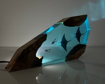 Shark and diver night light,epoxy resin ocean table lamp,epoxy resin lamp,wood resin,Home decor unique gift,handmade gift