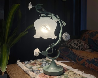 Rustic Lamp - Vintage Table Lamp, Flower Lamp, Glass Lampshade, Rose Ceramic Flower Decoration