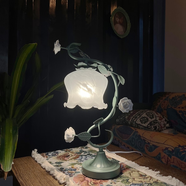 Rustic Lamp - Vintage Table Lamp, Flower Lamp, Glass Lampshade, Rose Ceramic Flower Decoration