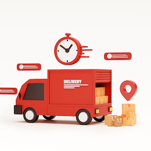 May include: A red delivery truck with the word "DELIVERY" on the side, a stopwatch, a location pin, and several boxes. The truck is carrying boxes and there are more boxes on the ground.