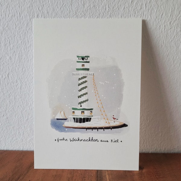 Postkarte Frohe Weihnachten aus Kiel - Leuchtturm