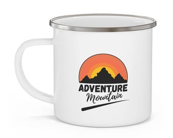 Kubek kempingowy Adventure Mountain Enamel, prezent dla miłośnika retro kempingu