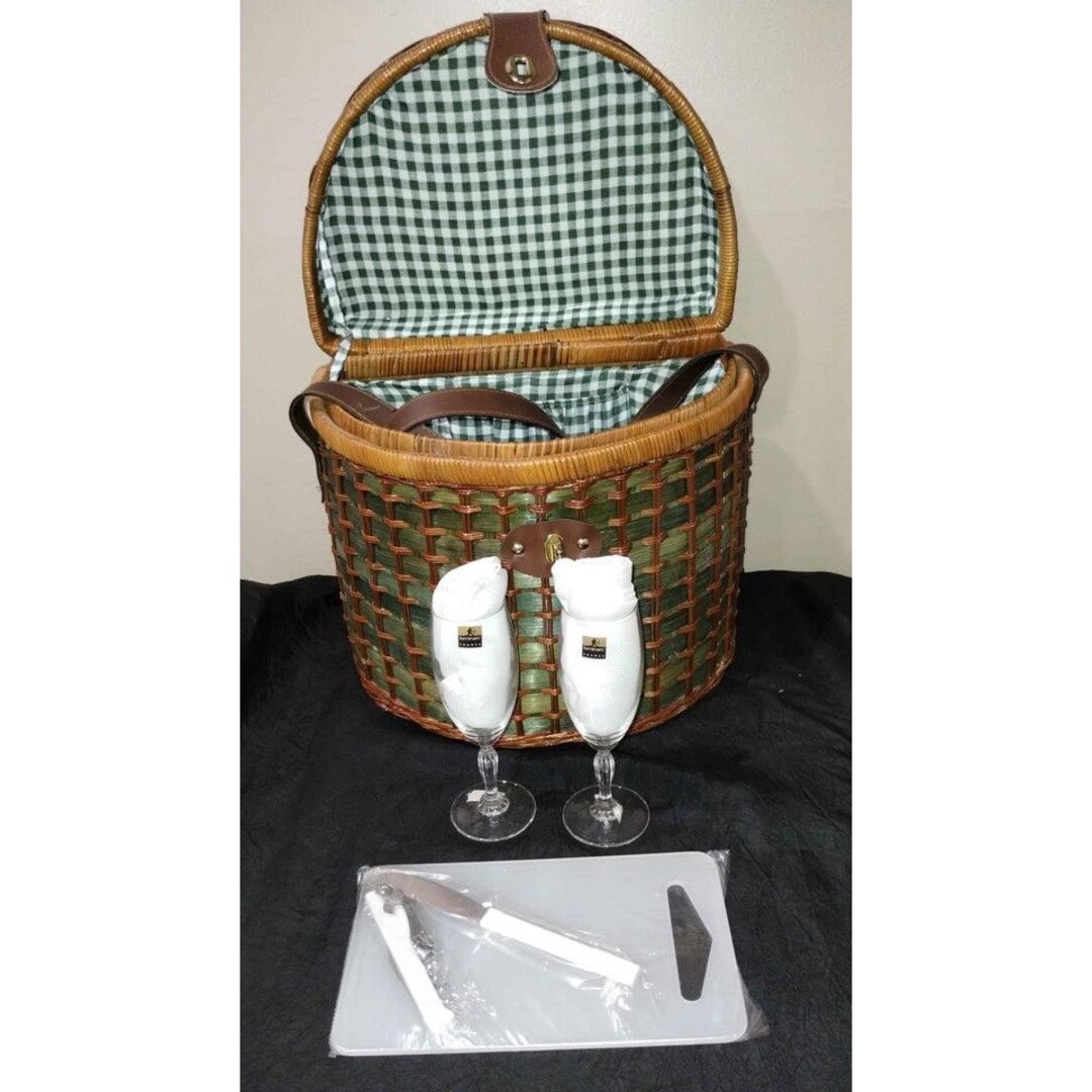 Vintage Picnic Basket Shoulder Strap Champagne Flutes Etsy