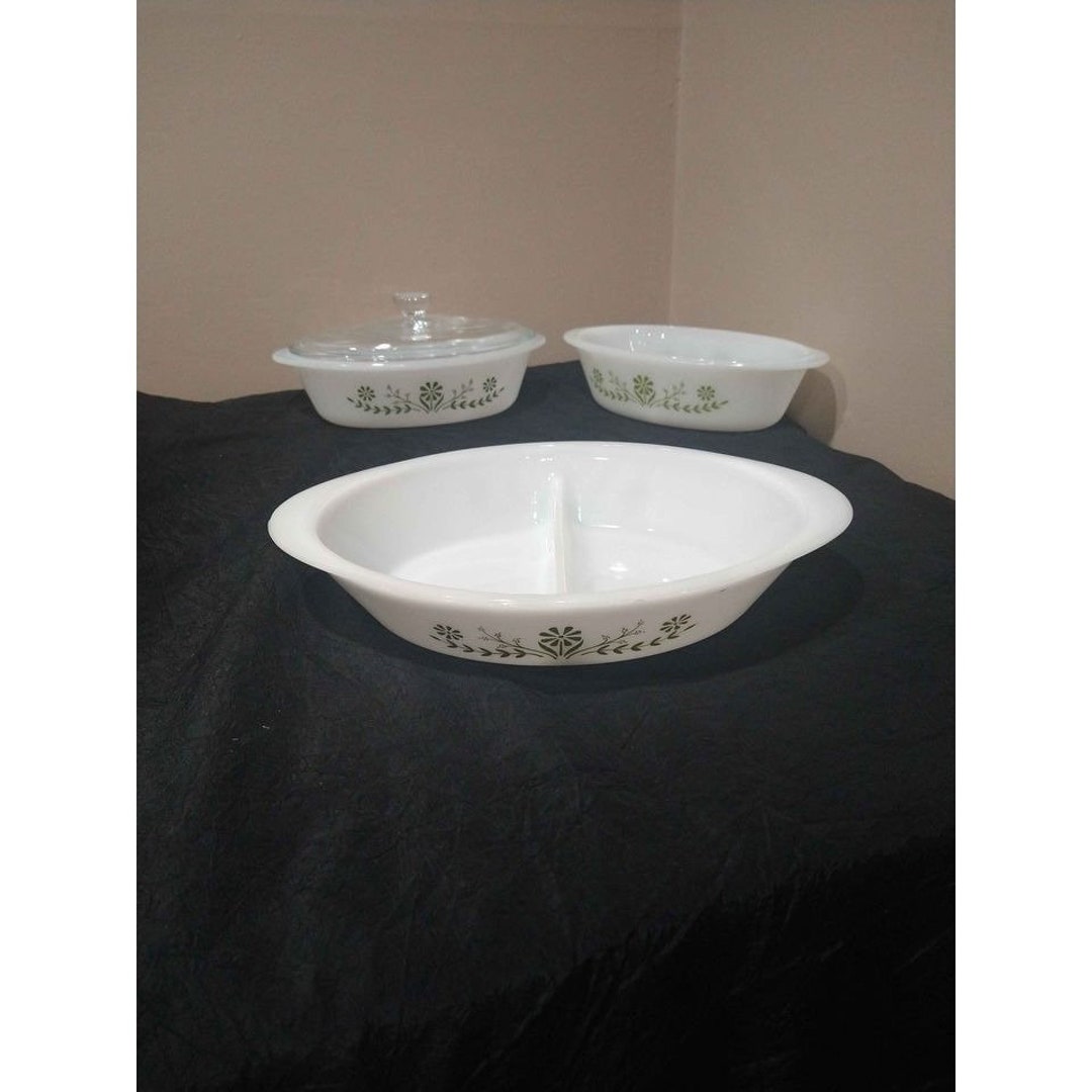 Vintage Glasbake Green Daisy Oven to Table Casserole Dishes 4 Piece Set