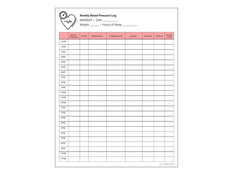 Weekly Blood Pressure Log Printable | Track BP, Meds, Stress, Sleep ...