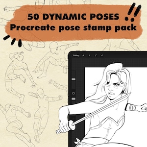 Pakiet 50 dynamicznych znaczków z pozami artystycznymi do programu Procreate — tabela poz dołączona do pobrania!