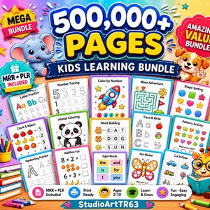 May include: A digital kids learning bundle featuring 500,000+ pages of educational activities including number tracing, color by number, mazes, shape sorting, letter practice, animal coloring, word building, and math worksheets.