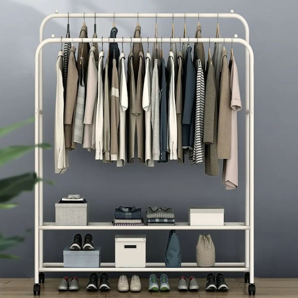 Clothing Rack With Storage Shelf | Metal Shoes Coat Storage Organizer Rack | Double Rail Rolling Stand With Storage Shelf