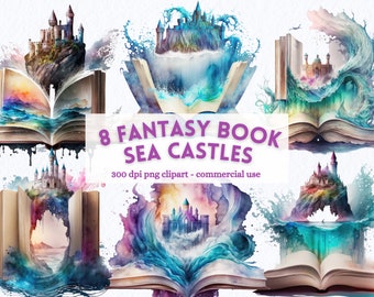 May include: Eight watercolor illustrations of fantasy sea castles emerging from open books. Each castle is unique and features a different color palette and design. The illustrations are perfect for adding a touch of magic to any project.