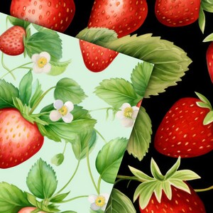 Puede incluir: Dos patrones sin costuras con ilustraciones de acuarela de fresas rojas con hojas verdes y flores blancas. Los patrones est&aacute;n sobre un fondo verde claro y negro.