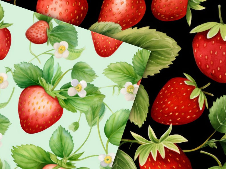 Puede incluir: Dos patrones sin costuras con ilustraciones de acuarela de fresas rojas con hojas verdes y flores blancas. Los patrones est&aacute;n sobre un fondo verde claro y negro.