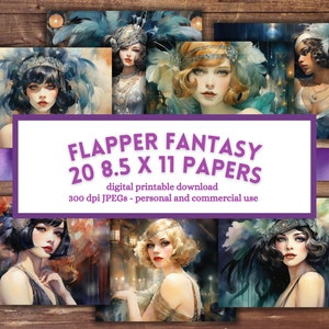 1920s Art Deco Great Gatsby Flapper Watercolor Printable Paper, Digital scrapbook pages, junk journal, instant download, commercial use