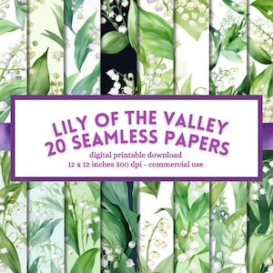 Design de álbum de recortes de Lírio do Vale, papéis florais digitais, padrão de flor sem costura, páginas de casamento para impressão, download para uso comercial