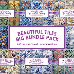 Beautiful Tiles Digital Paper Big Bundle Pack, páginas imprimibles de Scrapbook Junk Journal, Descarga digital instantánea, Sublimación, Uso comercial