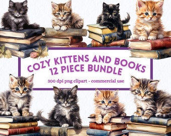 Watercolor Cozy Cats and Books PNG Clipart Bundle, clip art, Junk journal, scrapbook, Instant Digital Download, Personal Commercial Use