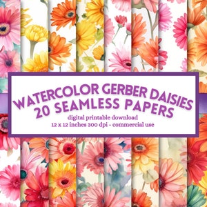 Papel digital Gerber Daisy, margaridas em aquarela, padrão floral perfeito, páginas de lixo eletrônico imprimíveis, download instantâneo para uso comercial