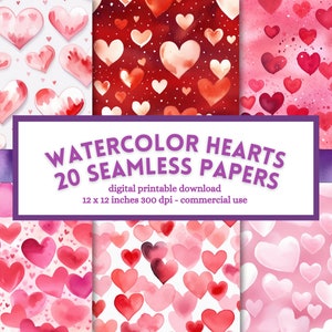 Watercolor Hearts Valentines Digital Paper, seamless pattern, scrapbook paper pack, printable junk journal pages, instant download