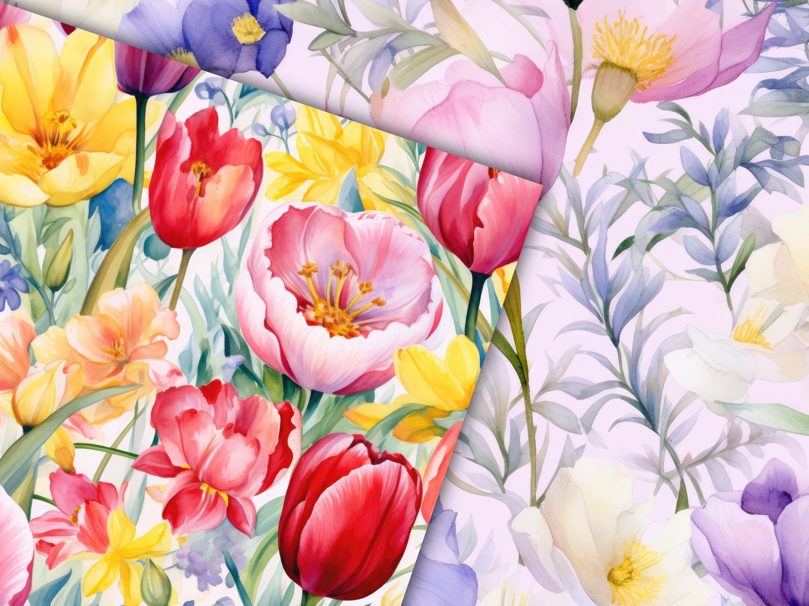 Watercolor Spring Flowers Digital Paper: Seamless Floral Patterns ...