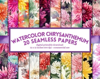 Papel digital de crisantemo en acuarela: Álbum de recortes floral sin costuras (descarga digital)
