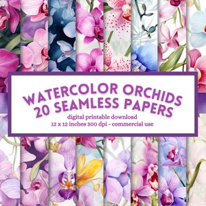 Papel digital aquarela orquídea, álbum de recortes com padrão de flor sem costura, páginas de diário de lixo floral imprimíveis, download instantâneo para uso comercial
