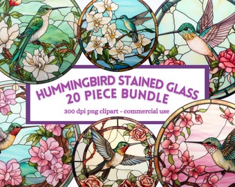 Hummingbird Stained Glass Circle Clipart, Printable Transparent PNG Bundle, Junk journal scrapbook art, Digital Download, Commercial Use