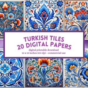 Türkische Fliesen Digitales Papier, Iznik Muster, druckbare Scrapbook-Junk-Journalseiten, sofortiger Download für kommerzielle Nutzung, Sublimation