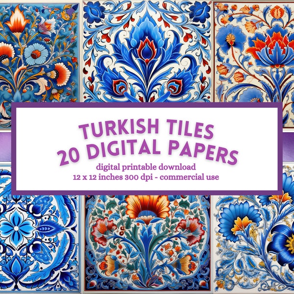 Turkish Tiles Digital Paper, Iznik pattern, printable scrapbook junk journal pages, instant download for commercial use, sublimation