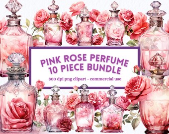 May include: A digital illustration of ten vintage perfume bottles with pink roses. The bottles are clear glass with gold accents and contain a pink liquid. The roses are pink and white with green leaves. The text "PINK ROSE PERFUME 10 PIECE BUNDLE" is displayed in a purple banner.