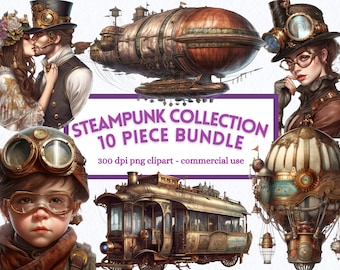 Steampunk Clipart: Watercolor Fantasy Art PNG Bundle (Digital Download)
